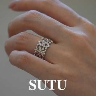 925银合成锆石戒指 镂空雕花戒指新款开口可调节复古戒指高级感