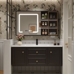 法式实木烤漆浴室柜组合陶瓷一体洗手洗漱台洗脸盆柜卫生间套装