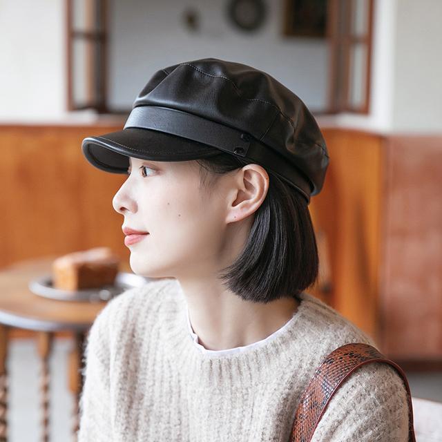 韩国进口MauroPoli/玛芮百利春秋季鸭舌帽女韩版PU皮八角帽短檐百