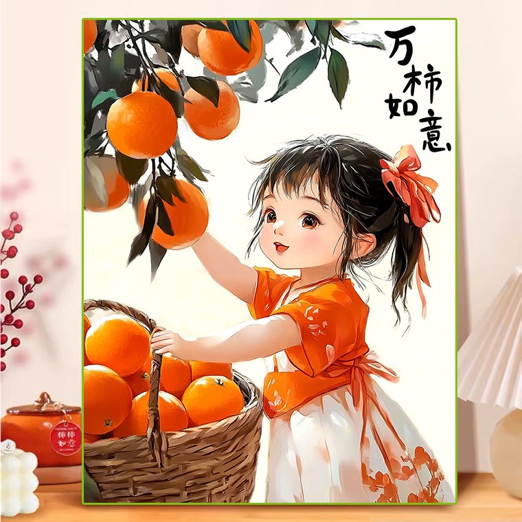 【丝光纯棉布】美娜丽莎玄关画万柿如意卡通十字绣36色满绣无勾边