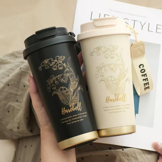 新款情侣铃兰花烫金咖啡杯316内胆双饮杯带盖保温保冰便携咖啡杯