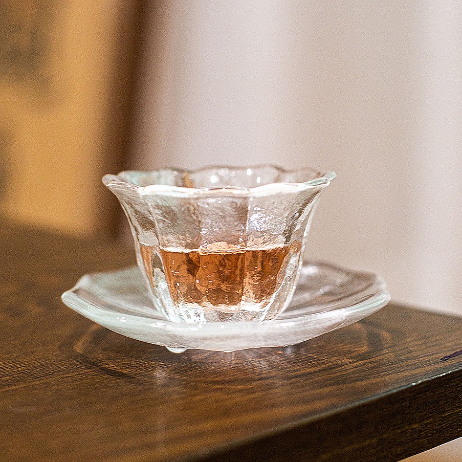 【上新带杯垫】锤纹花朵杯50ML加厚玻璃女士下午茶客杯防烫花茶杯