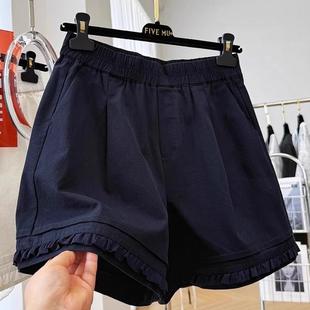 大码 自带氛围感 薄款 木耳边藏青色休闲短裤 显瘦松紧腰阔腿 女夏季