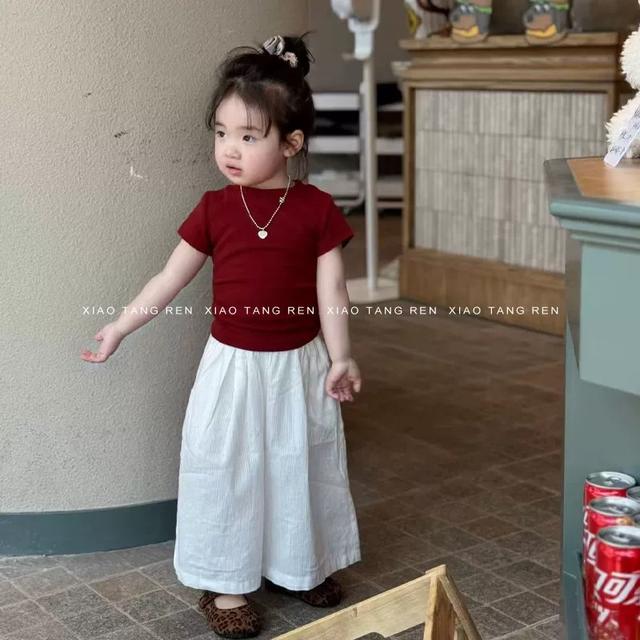 韩国童装女童短袖T恤套装夏季女宝宝洋气红色系带上衣休闲阔腿裤