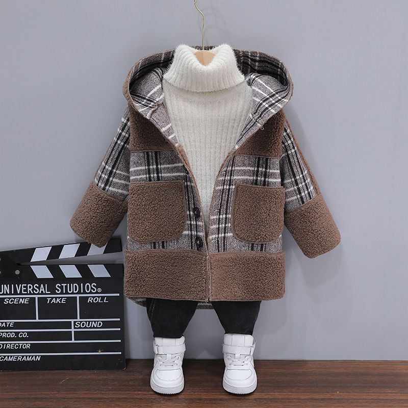 男童呢大衣冬季加绒中大童格子儿童棉衣6-12岁小童休闲毛呢外套潮