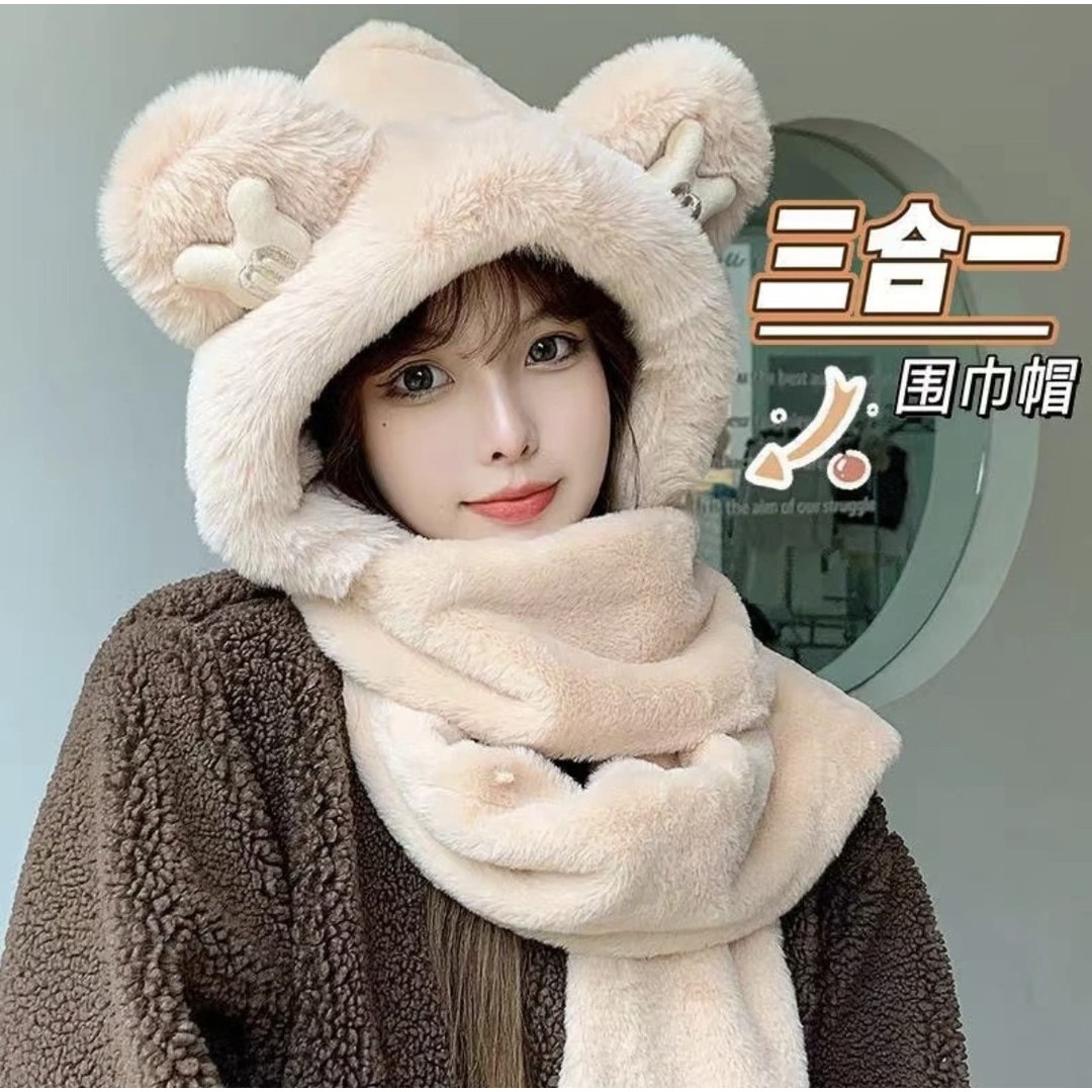 高品质米奇耳朵款保暖三件套百搭连帽加绒加厚帽子围巾手套一体帽