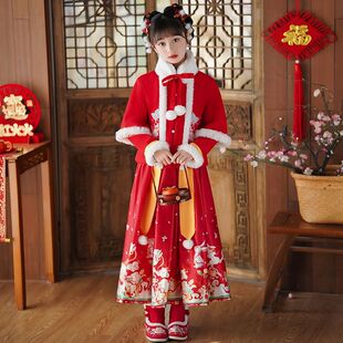 女童拜年服冬季套装加绒加厚保暖中国风唐装高端红色喜庆新款古装
