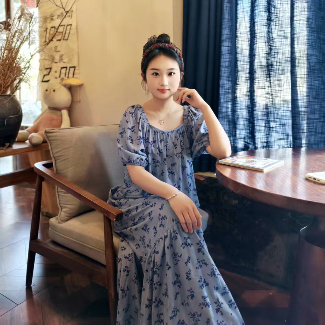 棉绸连衣裙宽松碎花新款高档人造棉女大码显瘦夏季可外穿战袍