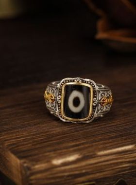 藏式男士戒指藏式天珠戒镶嵌人造一眼天珠戒指复古做旧高级感气质