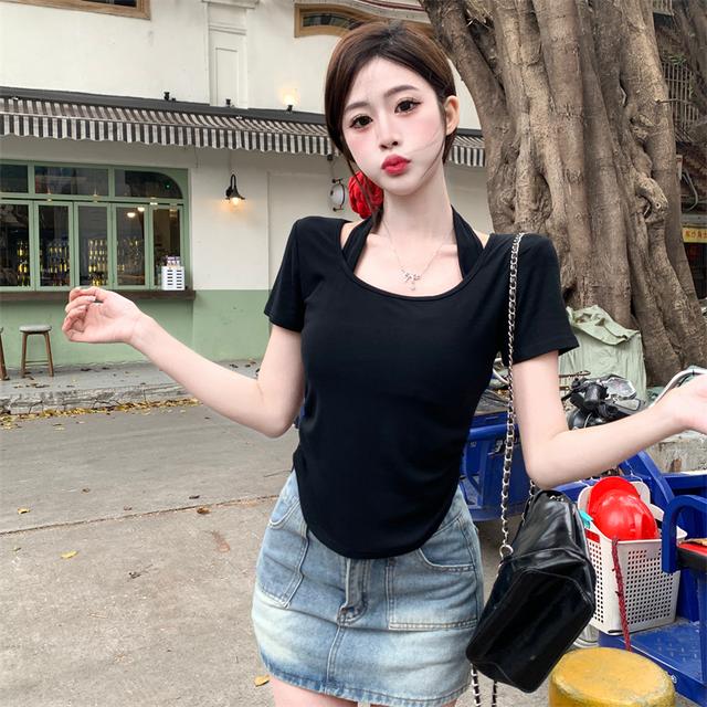 微胖纯欲风假两件短袖T恤女2025年夏新款胖mm短款上衣显瘦百搭