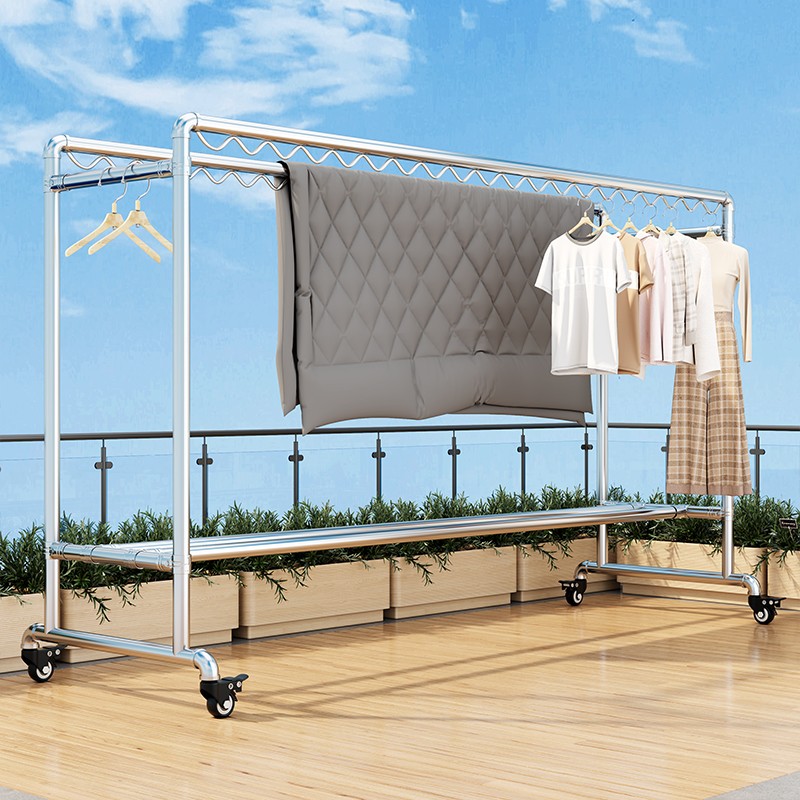 镀锌钢管晾衣架落地简易户外室外双杆加粗晒被家用阳台挂衣凉衣架