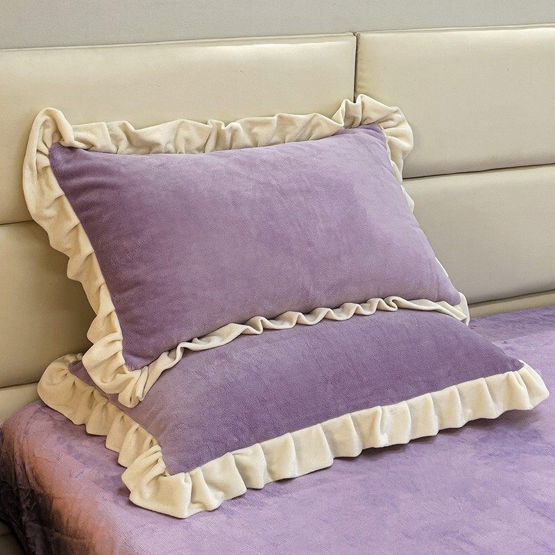 冬季牛奶绒枕套加厚一对装48x74学生宿舍花边纯色女生枕头套单只