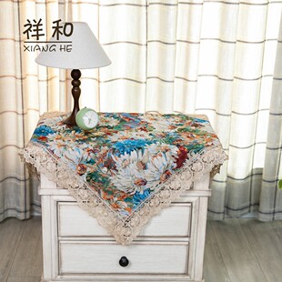 油画花卉蕾丝盖巾 85CM方 C007 3棉麻