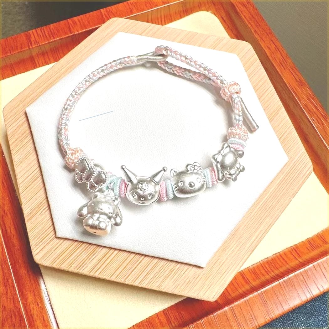玉桂狗三丽鸥达摩美乐蒂库洛米kitty足银999手工编织手链送礼