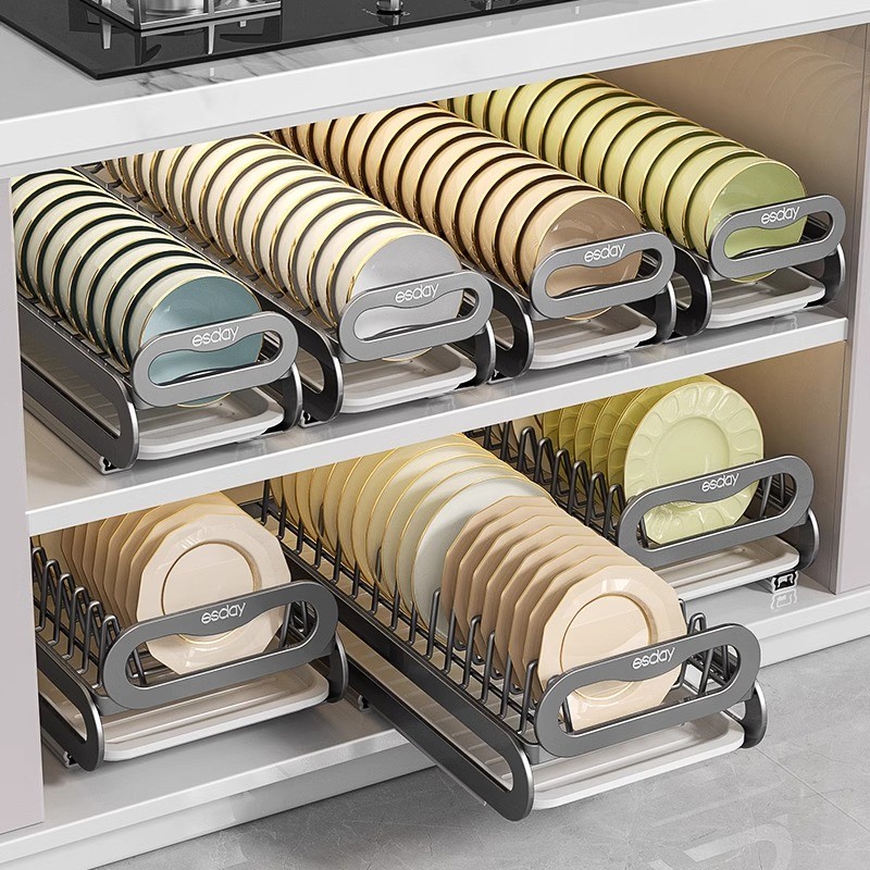 厨房抽拉碗碟收纳架橱柜内碗架拉篮抽屉式碗盘盘子置物架沥水架子