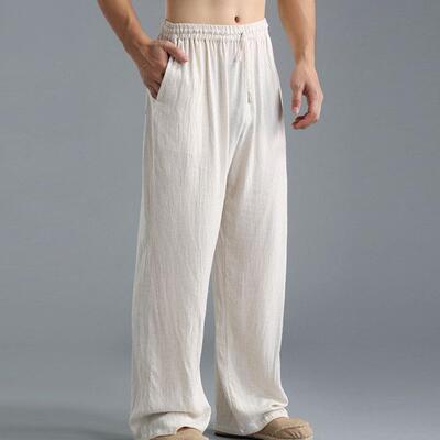 Plus Size Men Cotton Linen Long Pants Elastic Waist Loose St