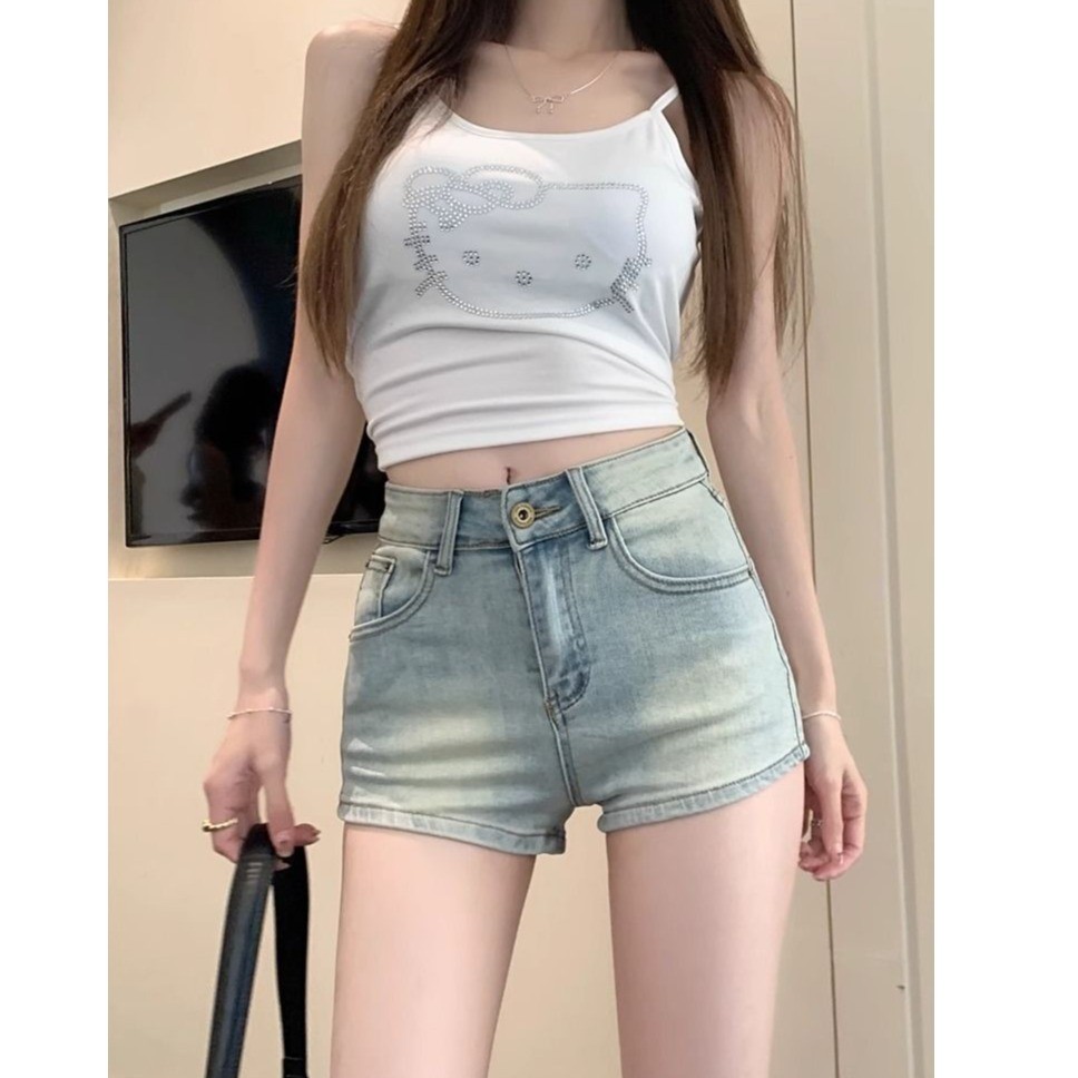 水洗蓝色牛仔短裤女夏季复古高腰休闲直筒裤子小个子辣妹修身热裤