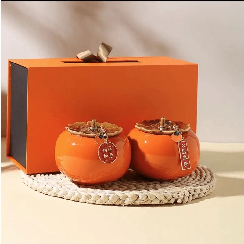 柿柿如意陶瓷柿子罐摆件乔迁平安糖果罐茶叶罐玄关高档搬家礼盒罐