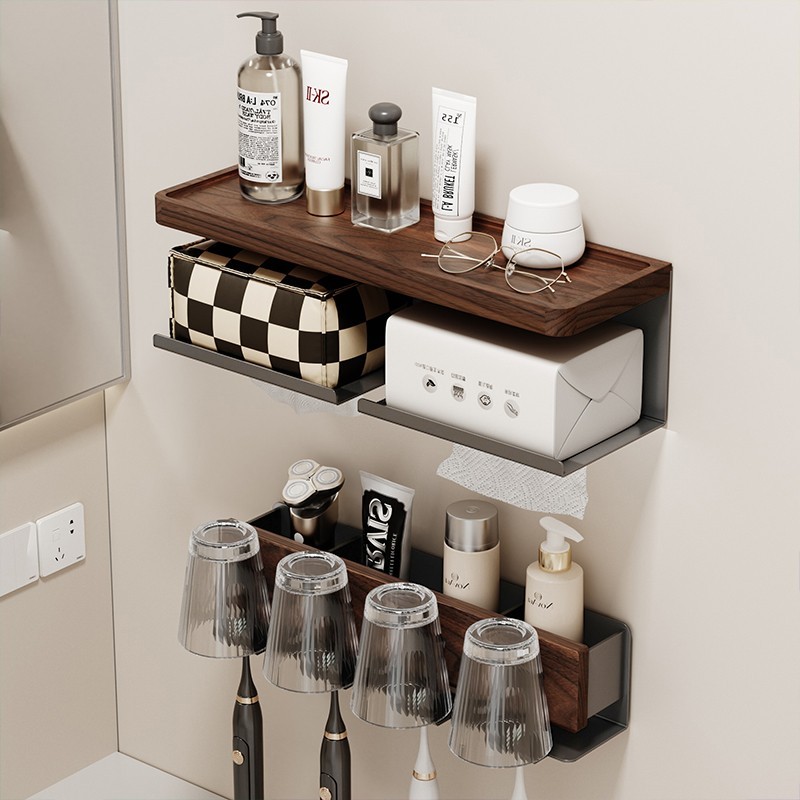 cmeo胡桃木枪灰纸巾架洗漱台牙刷架洗手卫生间胡桃木置物架锅盖