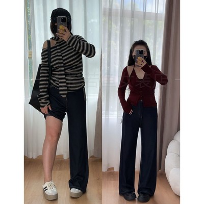 窄版直筒牛仔裤女早秋新款复古高腰显瘦宽松垂感百搭设计感长裤