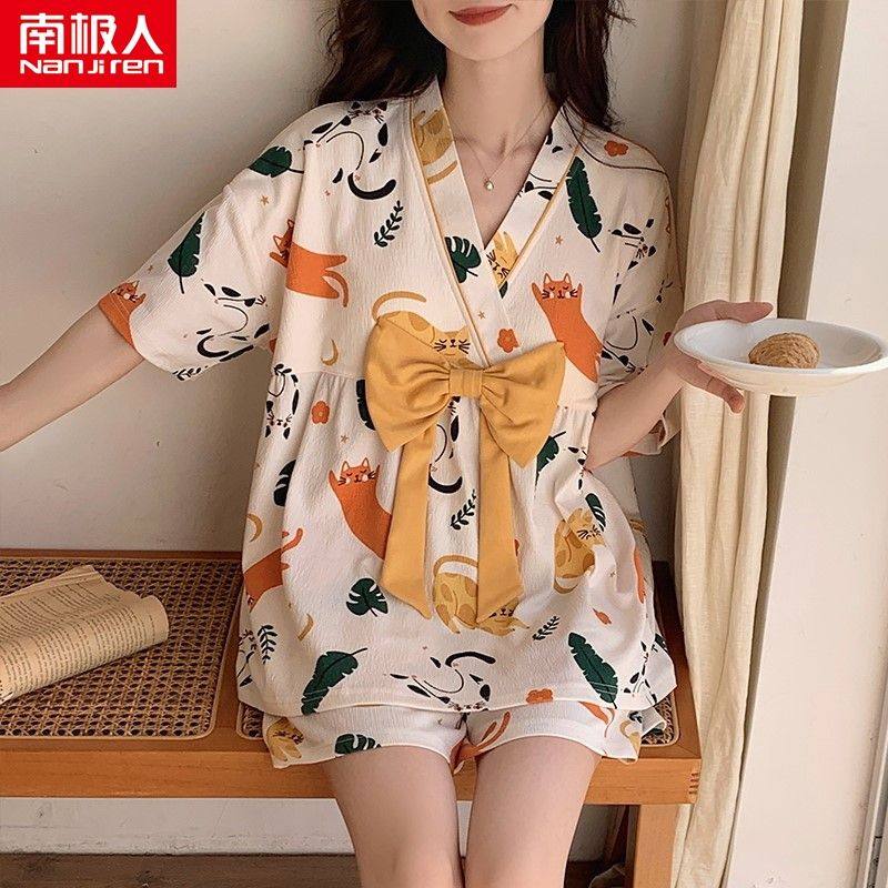 南极人带胸垫睡衣女夏季纯棉短袖短裤秋冬汗蒸服可外穿家居服套装