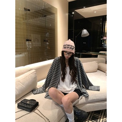 休闲慵懒风简约百搭条纹v领开衫外套+背心+长裤  60512