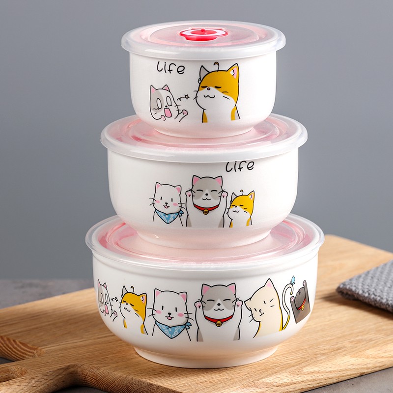 【云仓专属】陶瓷适用保鲜碗大号3件套微波炉专用带盖密封盒泡面