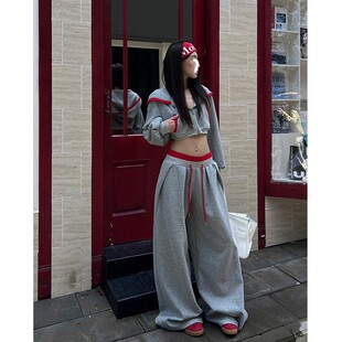 Two Million/辣妹松弛大兜帽短款卫衣+打褶直筒宽松抽绳卫裤套装