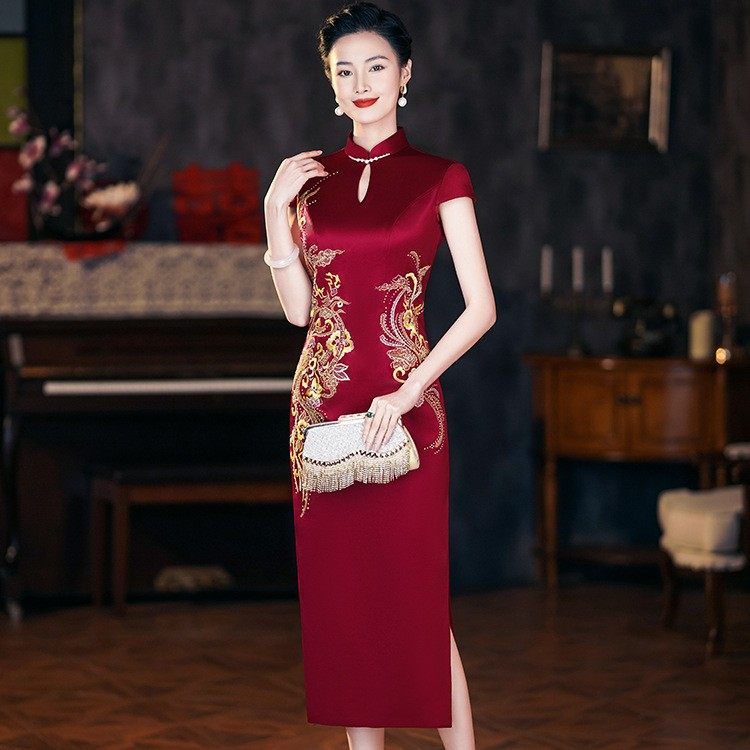 进口三醋酸苏绣手工旗袍改良春夏款时尚气质喜妈妈婆婆婚宴礼服N