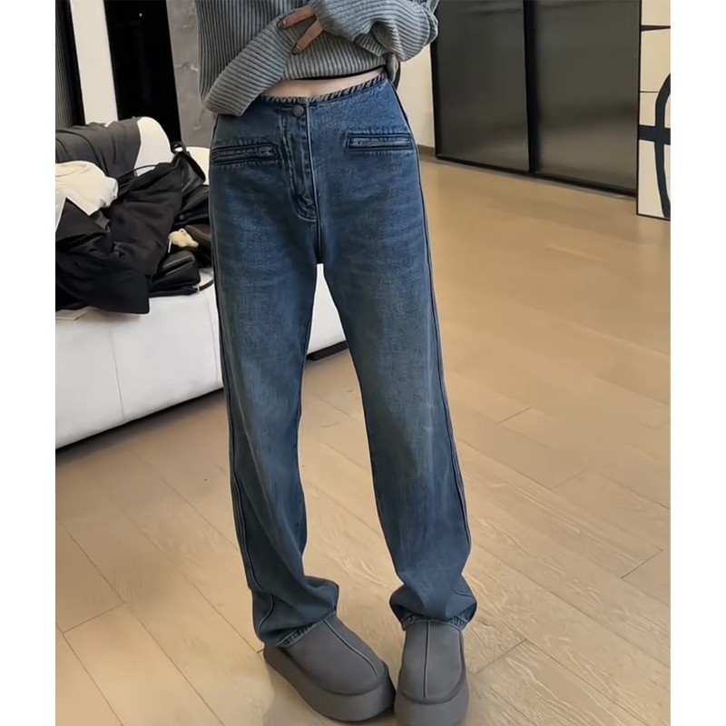 萱贝纯高腰显瘦窄版直筒牛仔裤女春秋新款宽松百搭时尚阔腿拖地裤