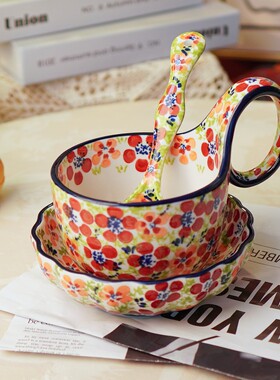 【三件套】波兰瓷碧丝粉黛釉下彩曲把杯创意陶瓷高颜值水杯早餐杯