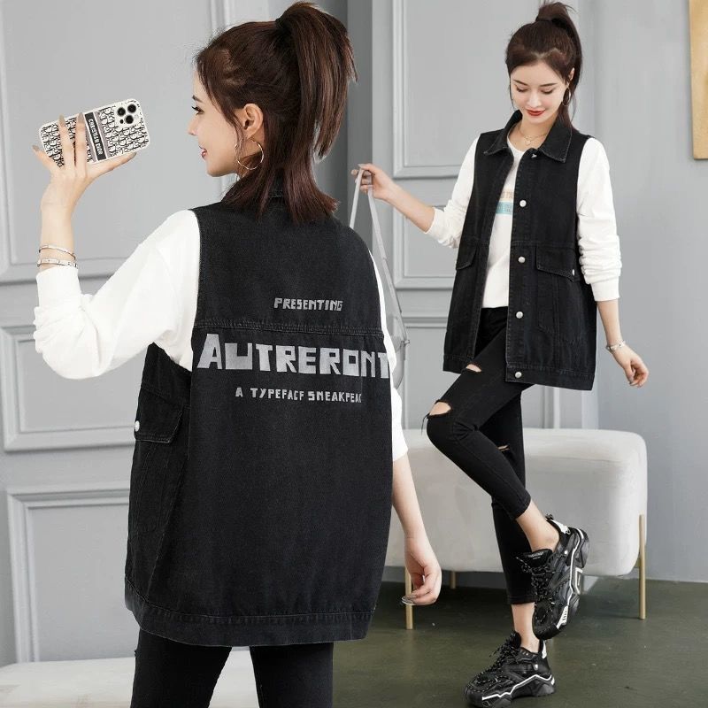 中长款牛仔马甲女春秋新款韩版时尚印花大码宽松无袖坎肩马夹外套