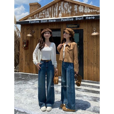 王家有鱼【大姚小姚】小个子复古蓝阔腿裤女2025秋季新款百搭牛仔