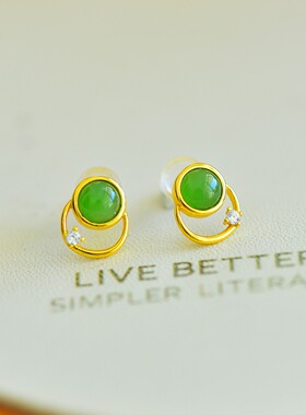 s925银镶和田玉碧玉圆鼓面耳钉12437-2百搭气质款复古轻奢民族风