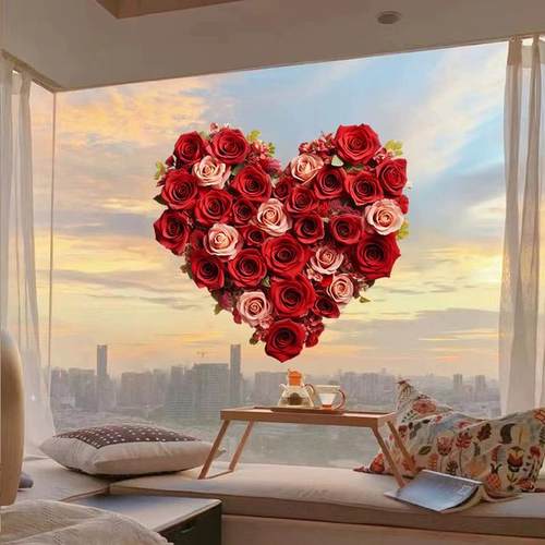 玫瑰花玻璃贴纸创意窗花结婚用品婚房布置喜庆浪漫氛围房间装饰画