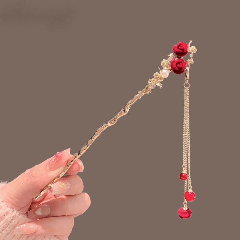 中国古典新款中式古风发簪汉服头饰盘发簪子玫瑰花朵发饰流苏发钗,家庭/个人清洁工具,盘发器,淘宝优惠券,粉丝福利购,淘宝优惠卷