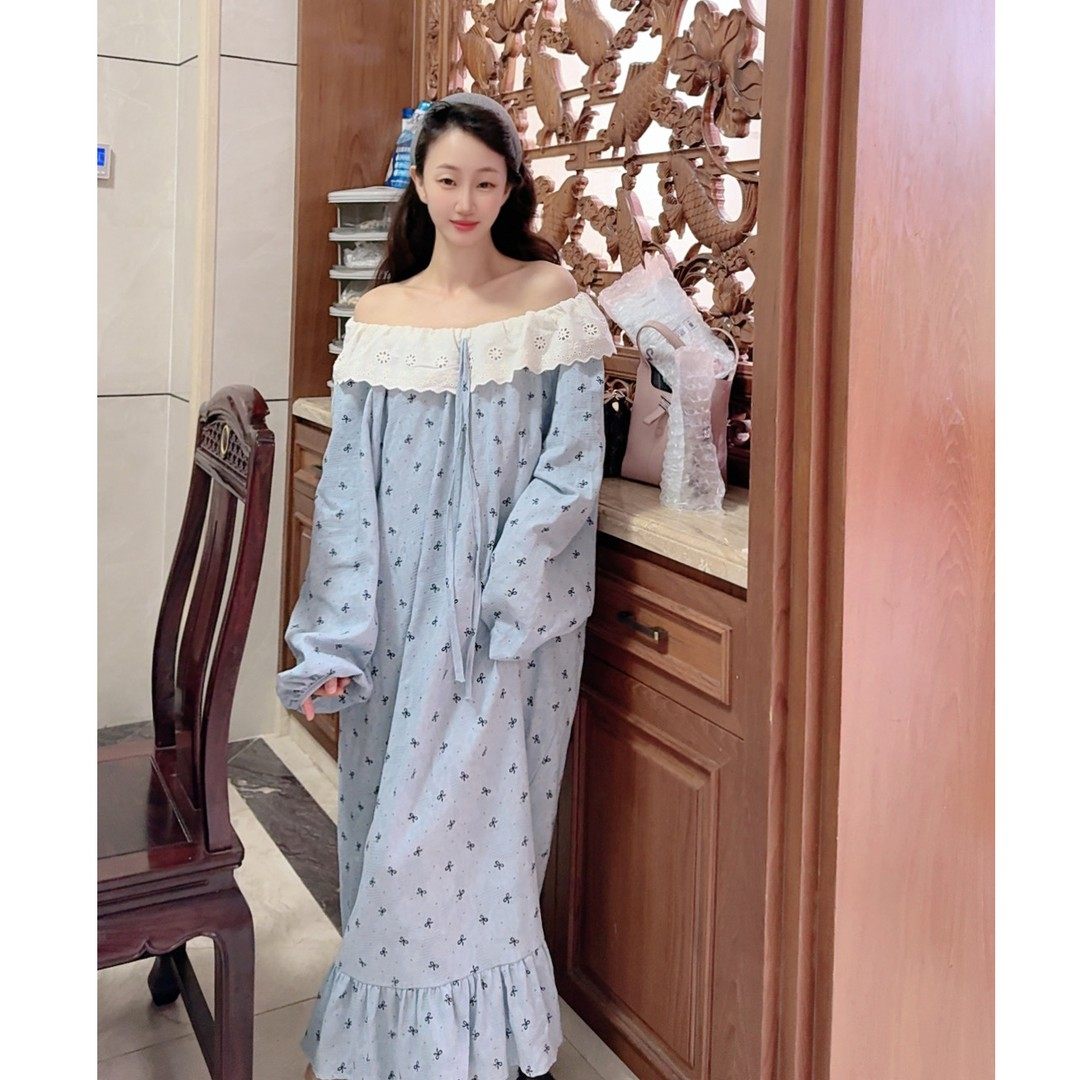 甜美公主风蕾丝花边圆领长袖长款宽松纯棉睡衣女春秋季家居服睡裙