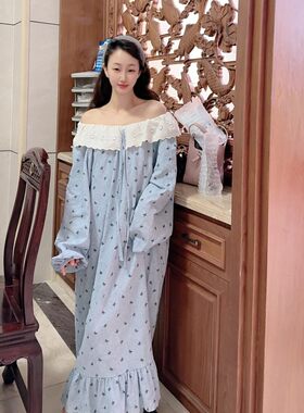 甜美公主风蕾丝花边圆领长袖长款宽松纯棉睡衣女春秋季家居服睡裙
