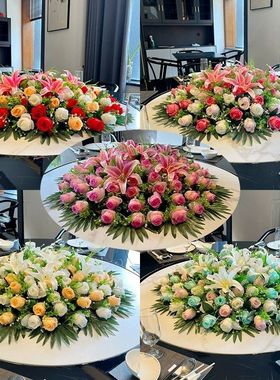 高档酒店圆桌花餐桌花包间餐厅包厢桌面转盘摆件中间装饰仿真摆花