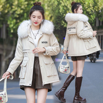 加绒加厚派克服女中长款2025新款收腰显瘦小个子拼色棉服外套冬季