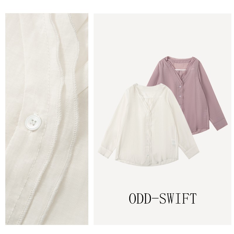 韩系简约夏季新品双层花边V领微透防晒宽松衬衫 -ODD253912