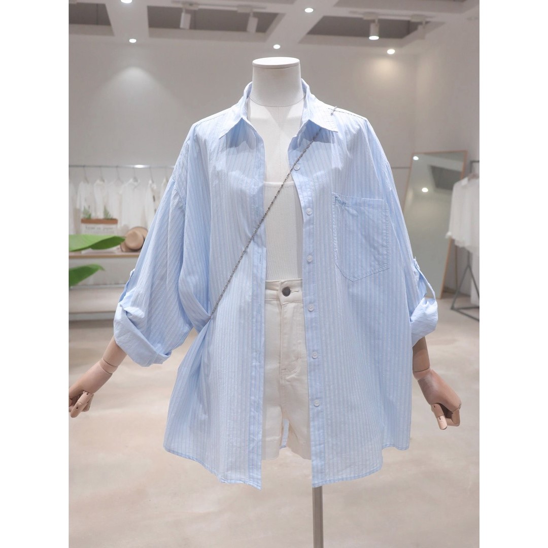 薄款细条纹字母刺绣2025夏季宽松中长款长袖防晒衬衫女