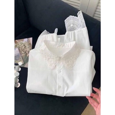 法式蕾丝拼接娃娃领白色衬衫女春季2025新款独特绝美衬衣长袖上衣
