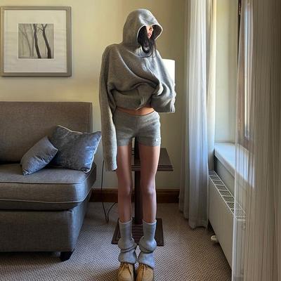 番茄妹妹Tomatosister灰色连帽毛衣秋冬慵懒风针织开衫拉链套装女