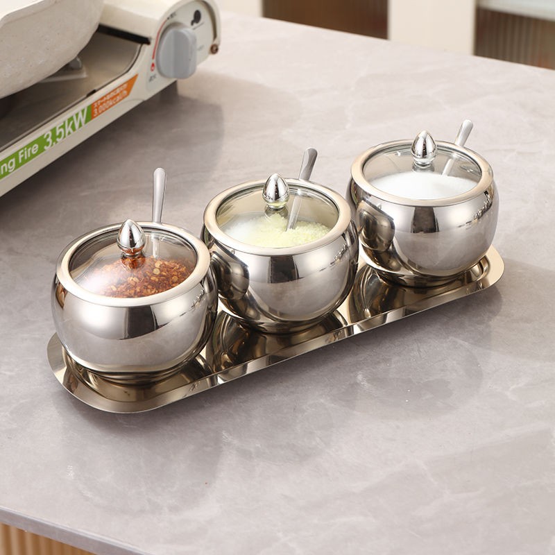 304不锈钢调料罐套装家用盐罐厨房大容量调罐子调味盒带盖托盘-6