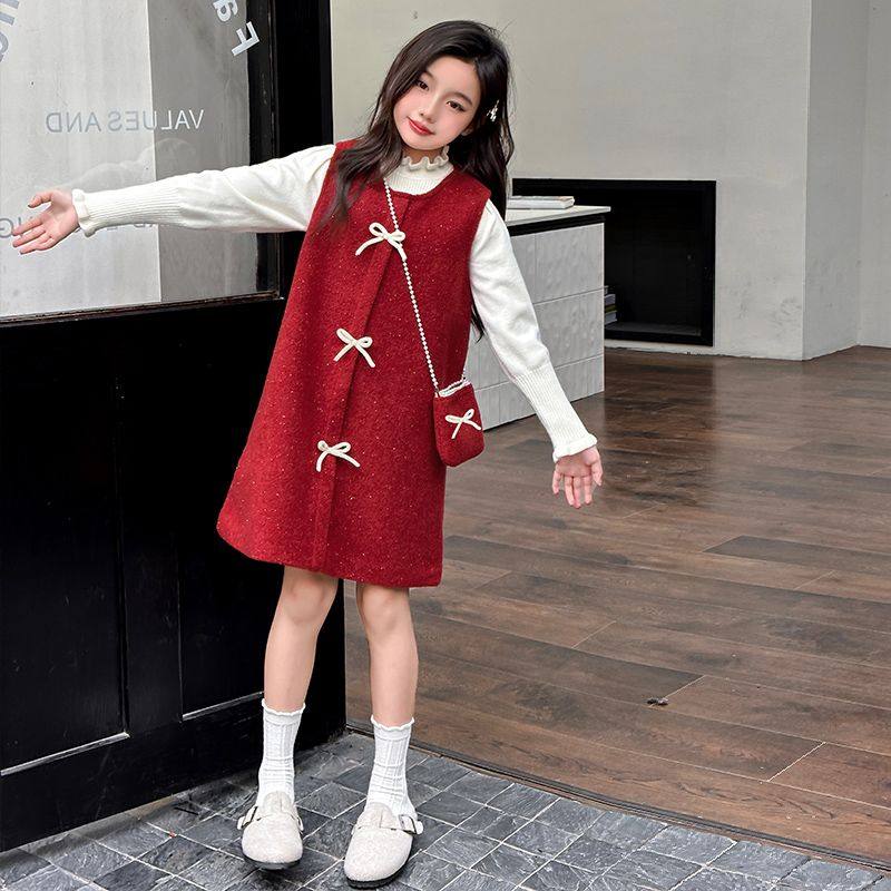 女童中大童送包包连衣裙安可拉红新款套装裙子加绒加厚毛衣两件套