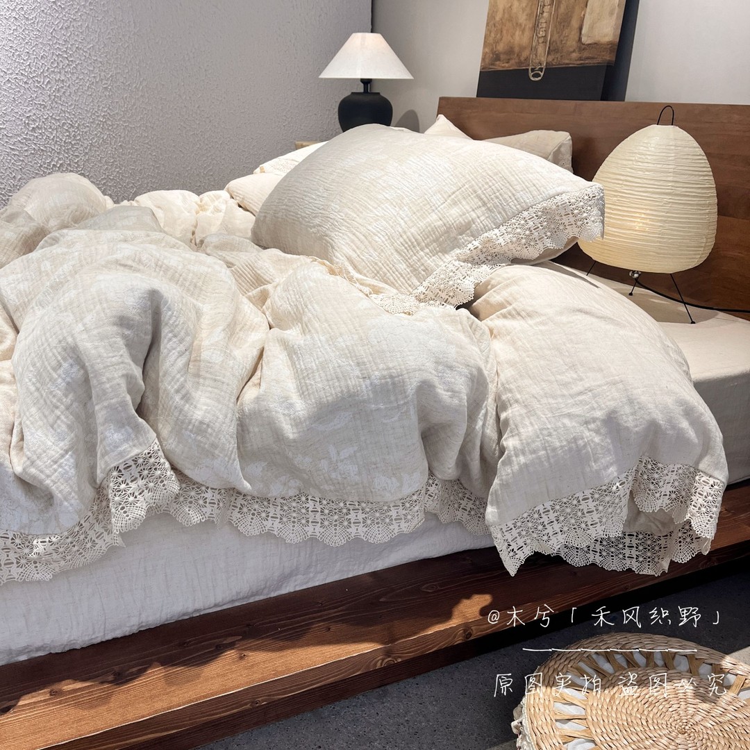 【禾风织野-棉麻合集】亚麻法式蕾丝复古花边四件套棉麻被套柔软