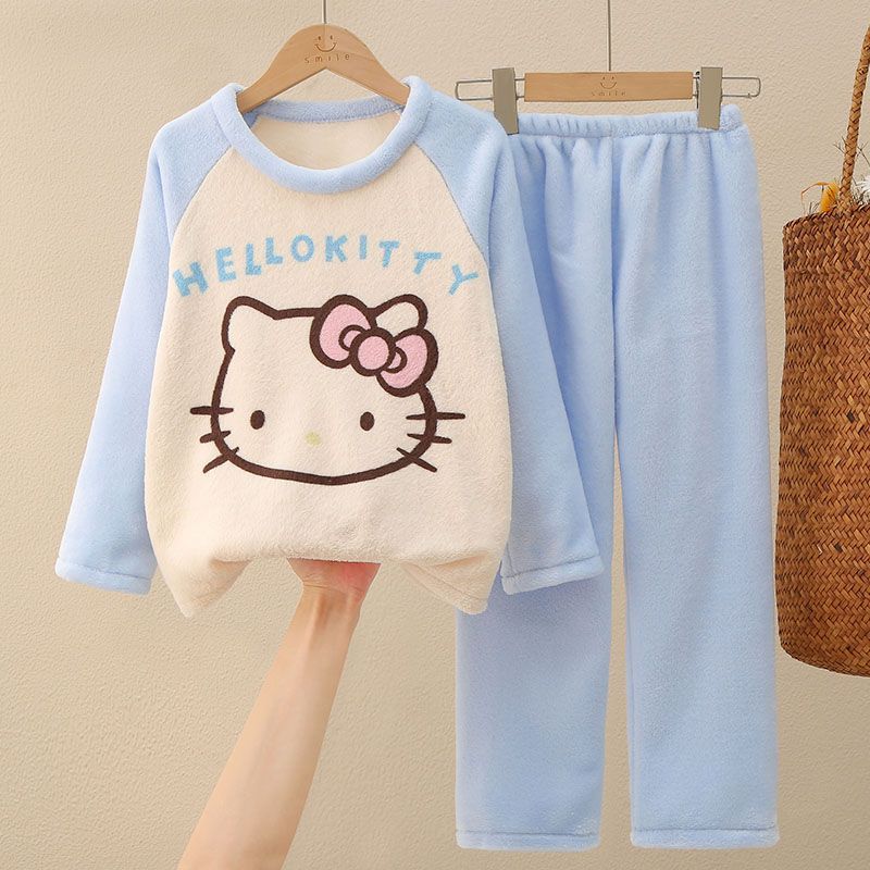 秋冬季法兰绒新款长袖女童卡通加厚睡衣男孩宝宝珊瑚家居服套装