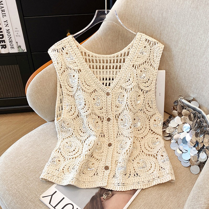 品牌折扣法式钩花亮片马甲女夏季无袖镂空百搭马夹女短款背心外套