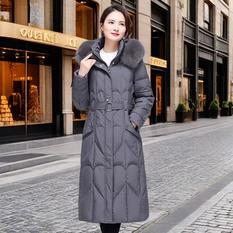 新款白鸭绒羽绒服女中长款过膝中老年女装修身显瘦加厚大码外套女